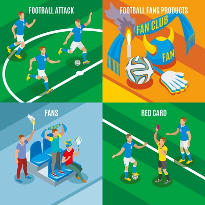 Football 2x2  design concept set of football attack red card fans products isometric compositions vector illustration