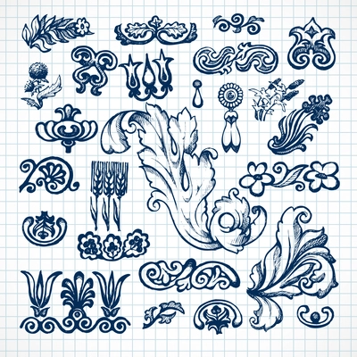 Floral and leaves decorative elements sketch  set on squared paper isolated vector illustration