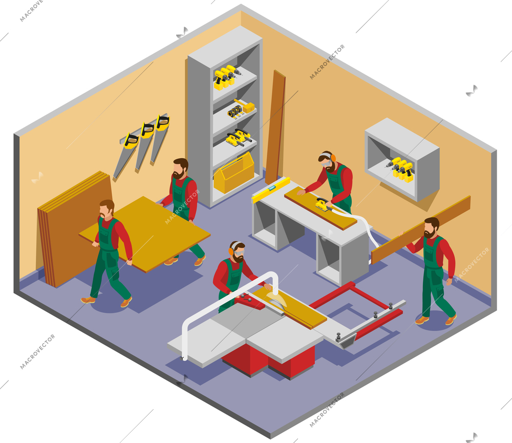 Industrial shop with furniture makers during work process isometric composition with interior elements vector illustration