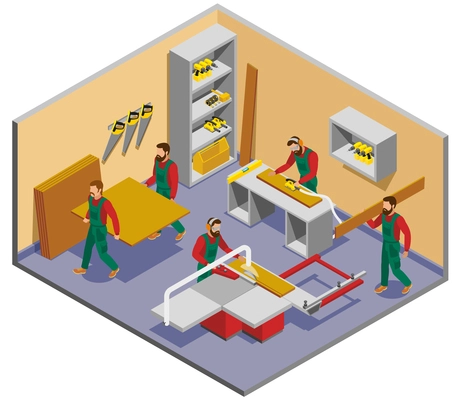 Industrial shop with furniture makers during work process isometric composition with interior elements vector illustration