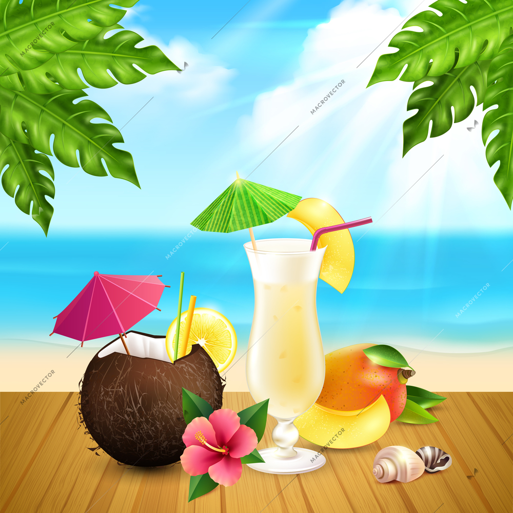 Cocktails realistic composition with two pina colada cocktail one in glass and second in coconut at the beach vector illustration