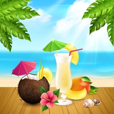 Cocktails realistic composition with two pina colada cocktail one in glass and second in coconut at the beach vector illustration