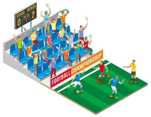 Football championship isometric composition with spectators on stadium tribune gamers on field and board with score of match vector illustration