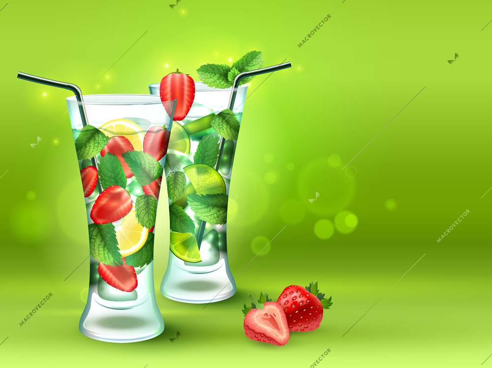 Two cocktails realistic composition with two glass of strawberry mojito on green background vector illustration