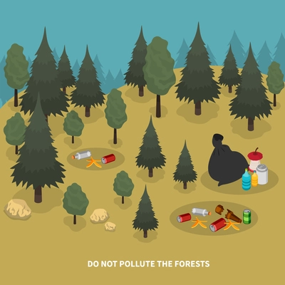 Garbage isometric composition with forest scenery and images of trees with pieces of waste on ground vector illustration