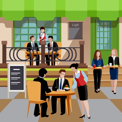 Flat business lunch people concept with snacks of colleagues at lunchtime at the tables on the street vector illustration