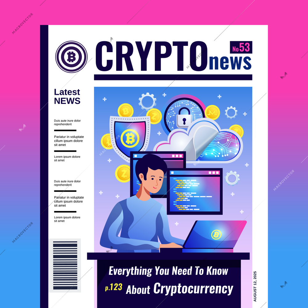 Criptocoins mining trading blockchain network maintaining computer software everything about cryptocurrency crypto news magazine cover vector illustration