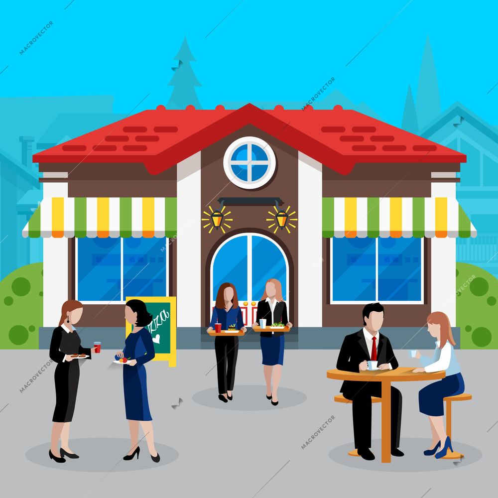 Colored flat business lunch people concept employees of the company at the break communicate and eat outdoor vector illustration