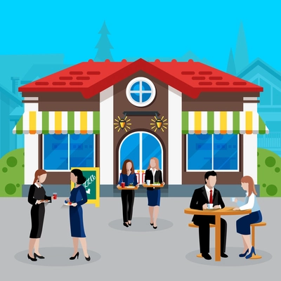 Colored flat business lunch people concept employees of the company at the break communicate and eat outdoor vector illustration