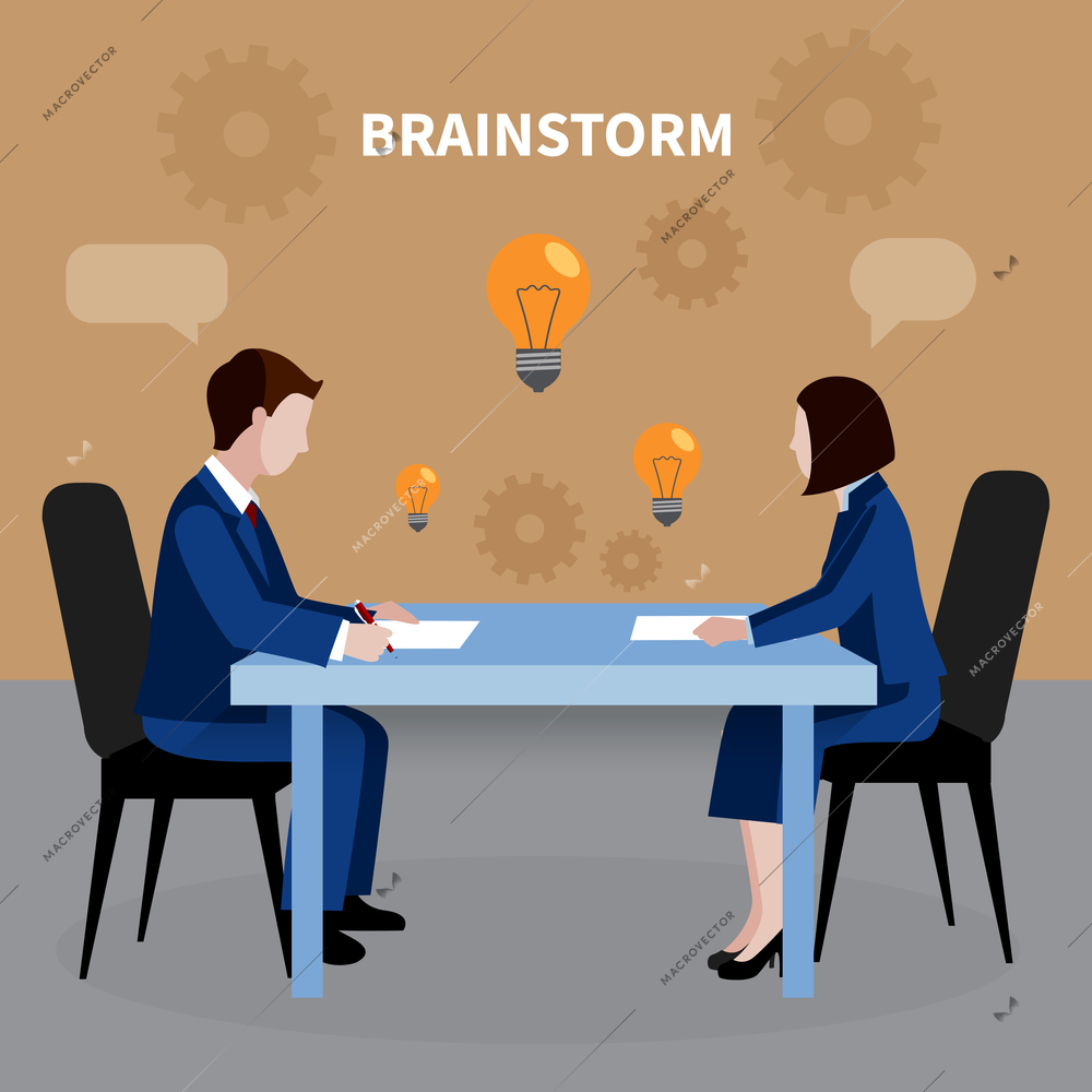 Flat design human resources background with two people brainstorming for business ideas in office vector illustration