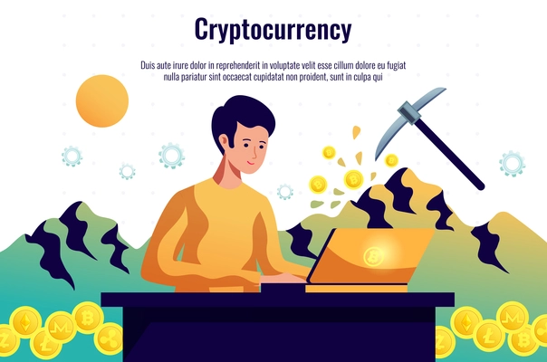 Criptocoins miner maintaining blockchain network working with computer software and trading cryptocurrency horizontal composition header vector illustration