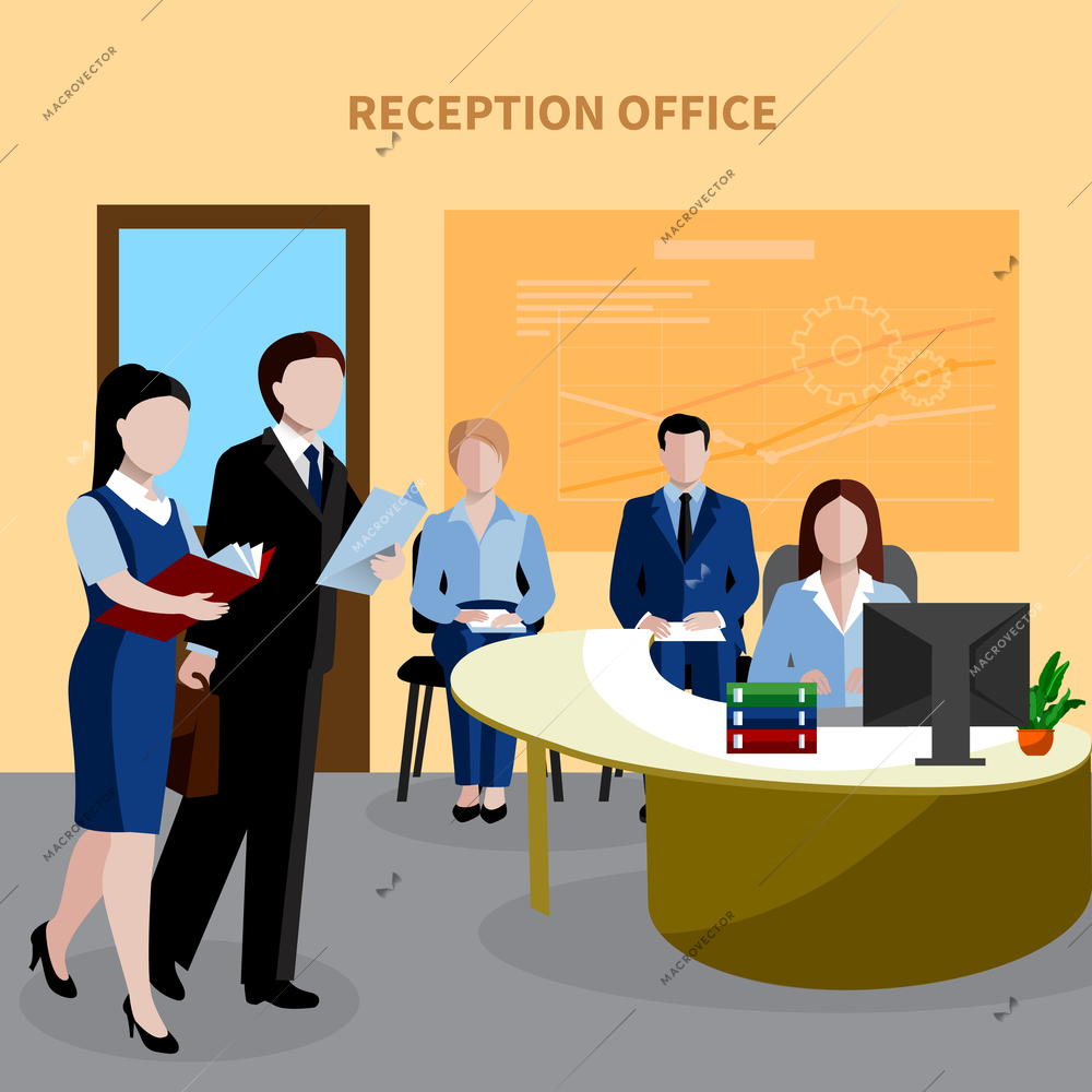 Flat design human resources background with people waiting in reception office vector illustration