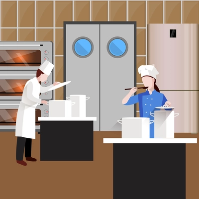 Cooking people colored concept with restaurant workers cook soup in the kitchen vector illustration