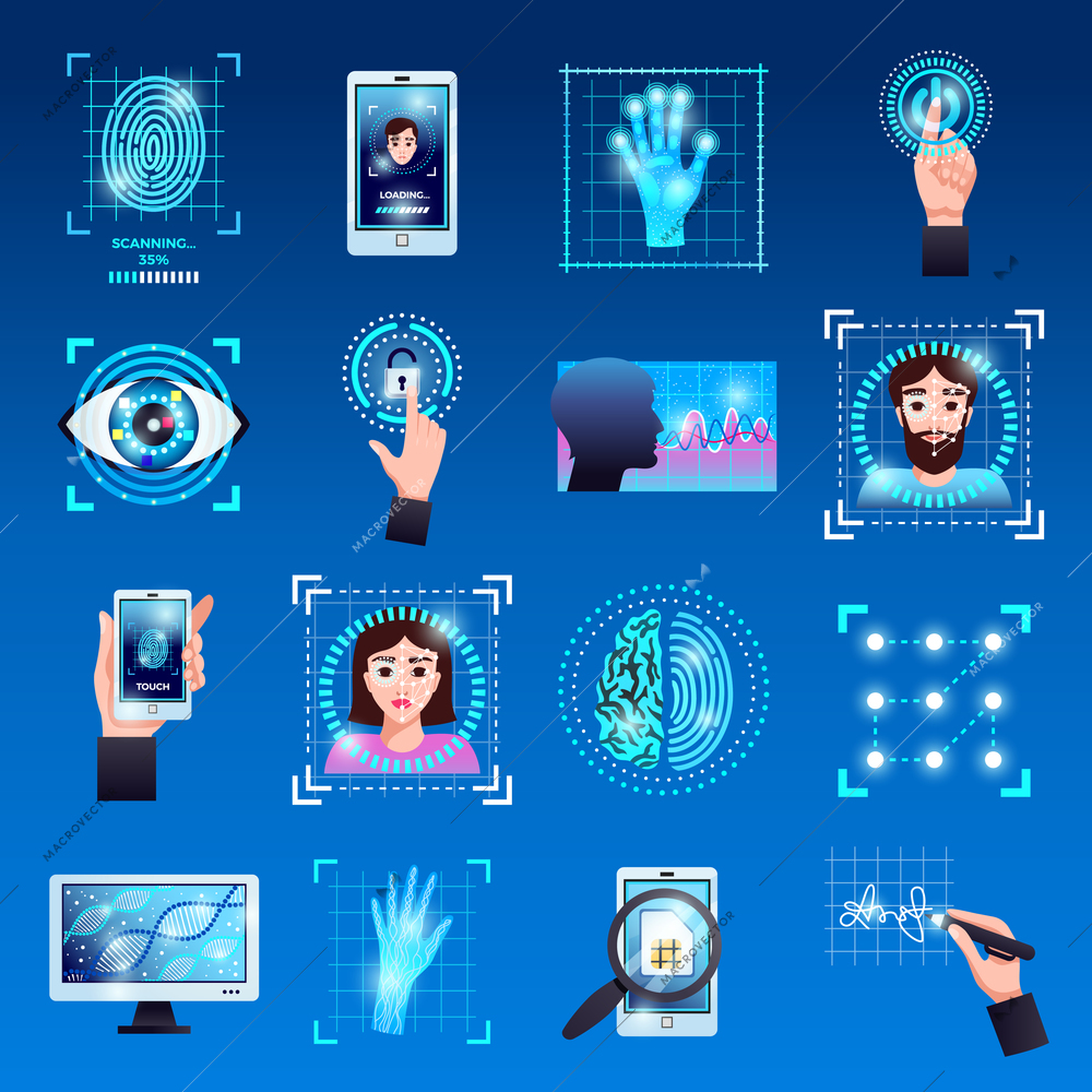 Identification technologies symbols icons set with touch screen fingerprint recognition id systems isolated blue background vector illustration