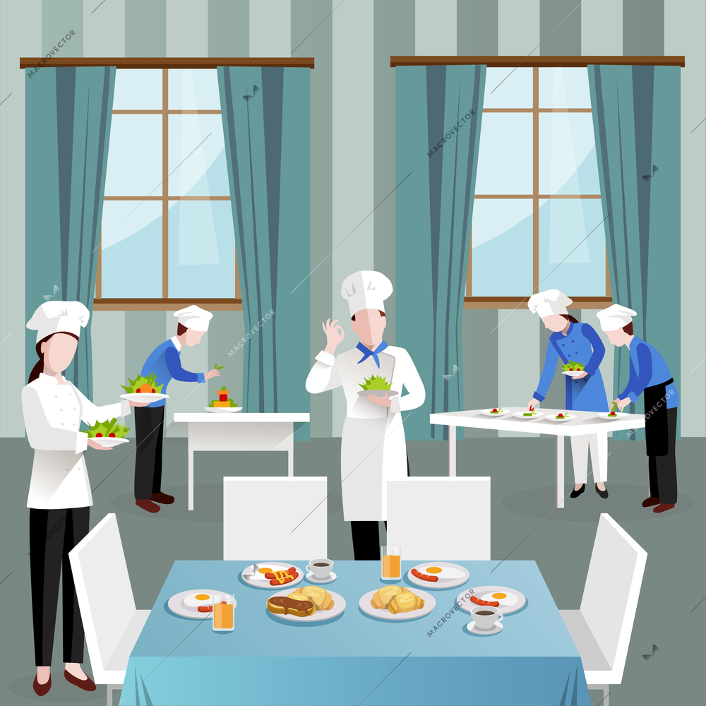 Cooking people in restaurant composition with the chef shows OK sign to his colleagues in a restaurant vector illustration
