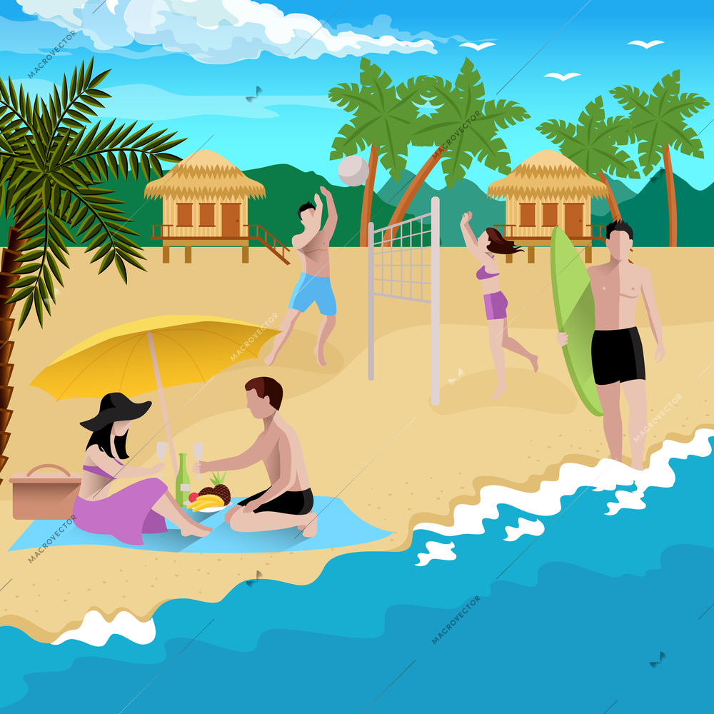 People on beach composition with summer sea coast and tropical scenery with flat images of adults vector illustration