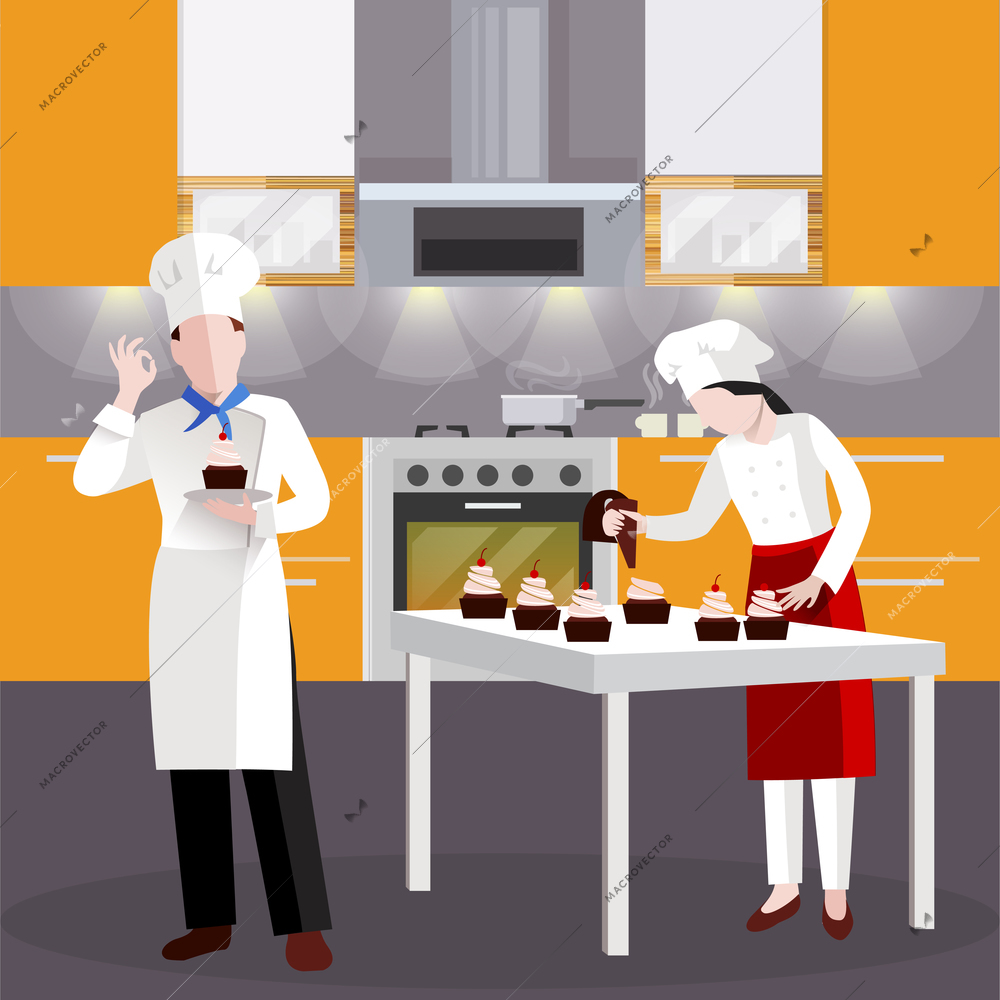 Flat cooking people in restaurant composition with cooking cakes at the kitchen in bakery vector illustration