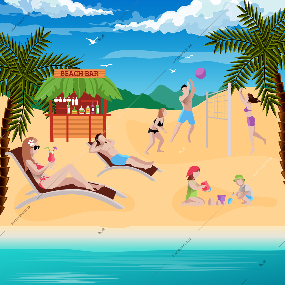 People on beach background with flat human characters laying on sun loungers playing volleyball with kids vector illustration