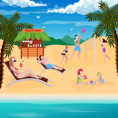 People on beach background with flat human characters laying on sun loungers playing volleyball with kids vector illustration