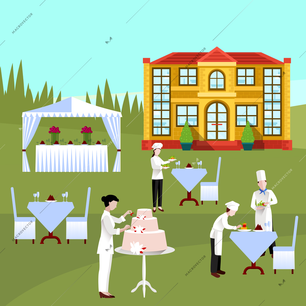 Cooking people colored and flat composition outdoors wedding ceremony with catering services vector illustration