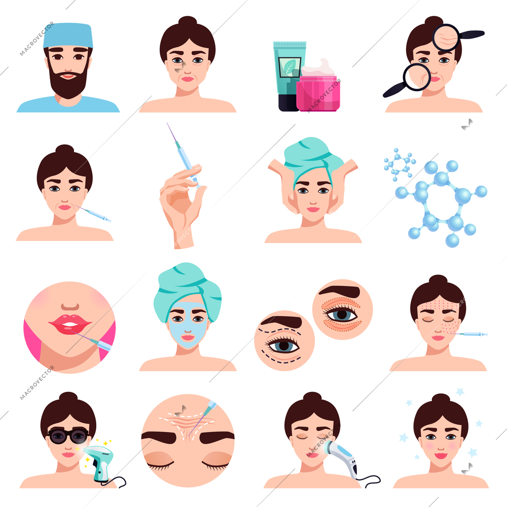 Facial rejuvenation cosmetic treatments icons collection with mask application  botox injections lips filling procedures isolated vector illustration