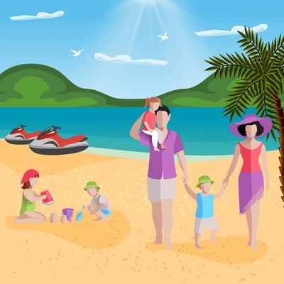 People on beach background with tropical beach scenery and faceless characters of family members parents with kids vector illustration