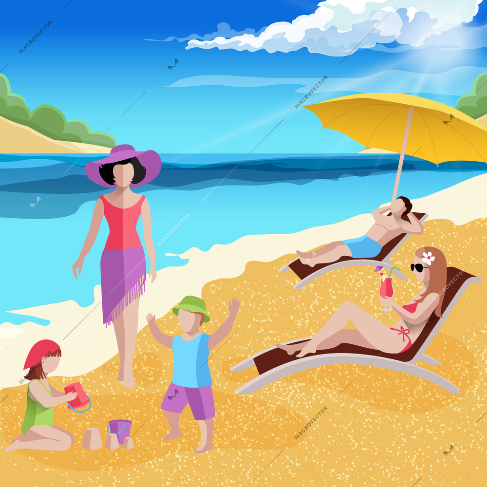 People on beach composition with tropical sea landscape kids sporting upon the shore and adult characters vector illustration