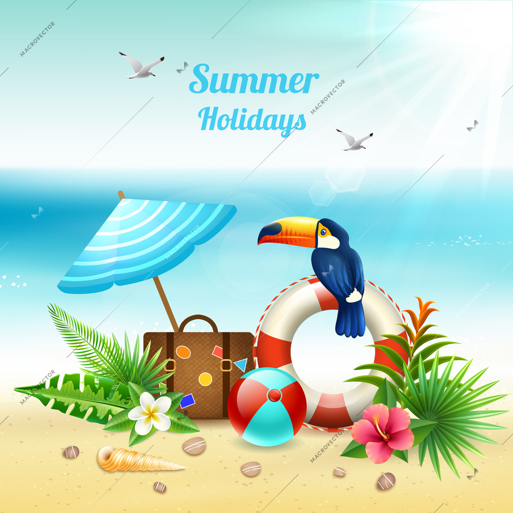 Summer holidays realistic colored concept with tourist stuff on the beach in sand vector illustration