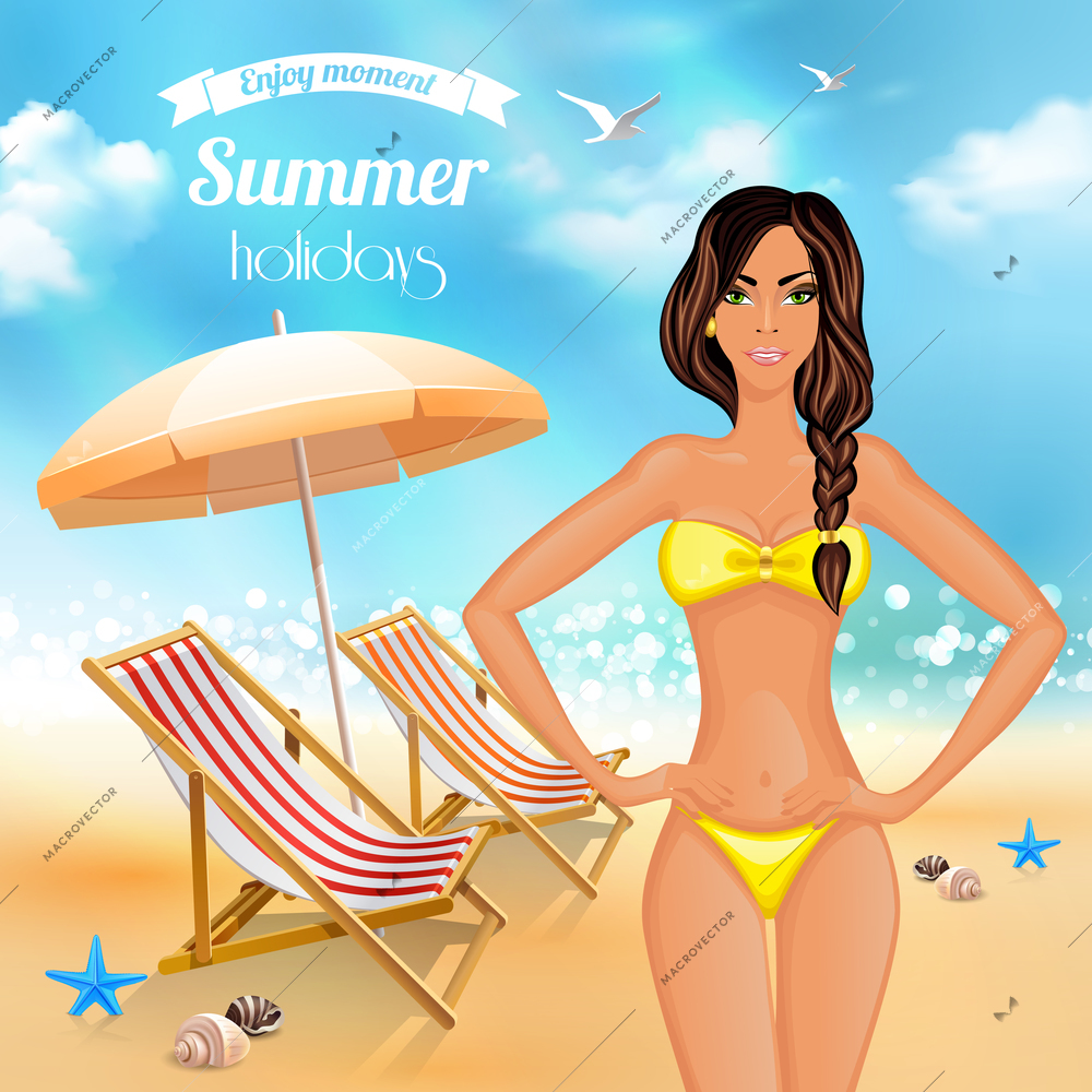 Summer holidays realistic poster with enjoy moment headline and beautiful girl in swimsuit vector illustration