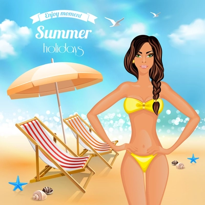 Summer holidays realistic poster with enjoy moment headline and beautiful girl in swimsuit vector illustration