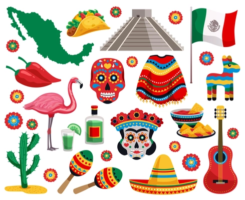 Mexican national symbols culture food musical instruments souvenirs colorful objects collection with tequila tacos mask sombrero vector illustration