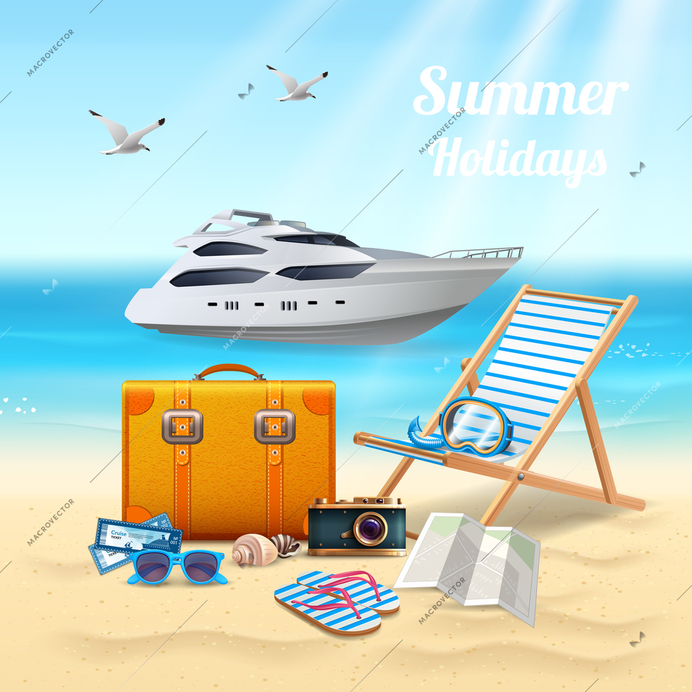 Summer holidays realistic beautiful composition with expensive boat sunbed and stuff for the beach vector illustration