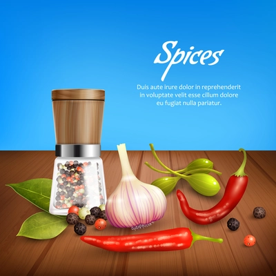 Realistic background with herbs and spices such as garlic pepper olives chili bay leaf peppercorn vector illustration