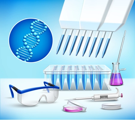 Scientific laboratory realistic composition  with dna icon and equipment for research and analysis vector illustration