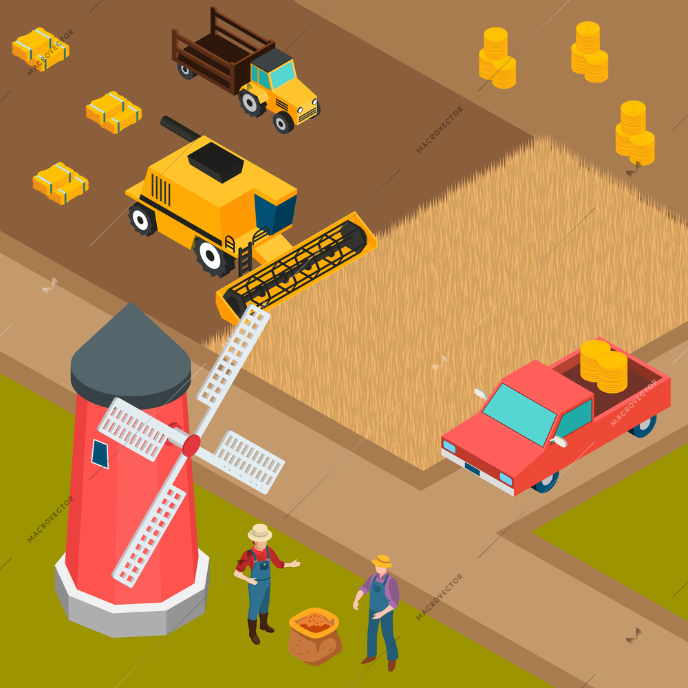 Isometric background with two farmers machinery and mill on farm 3d vector illustration