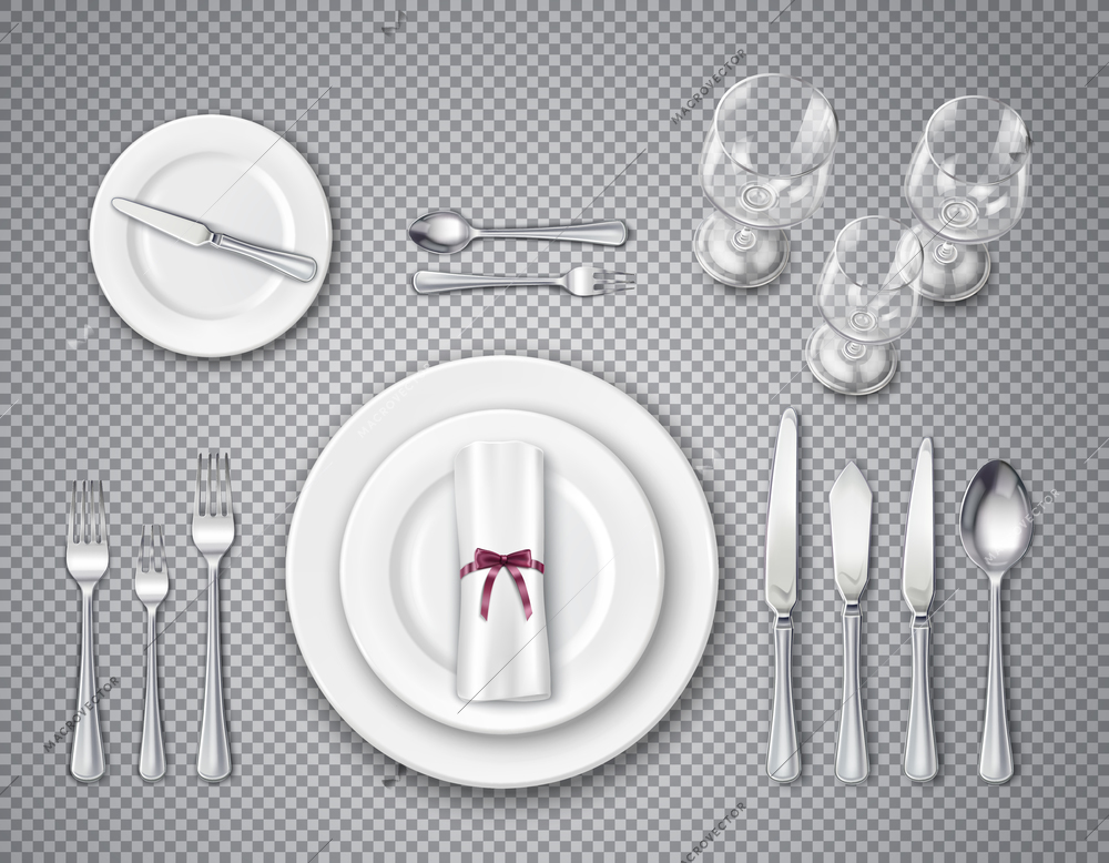 Table etiquette top view transparent set with elements of serving for one person realistic  vector illustration