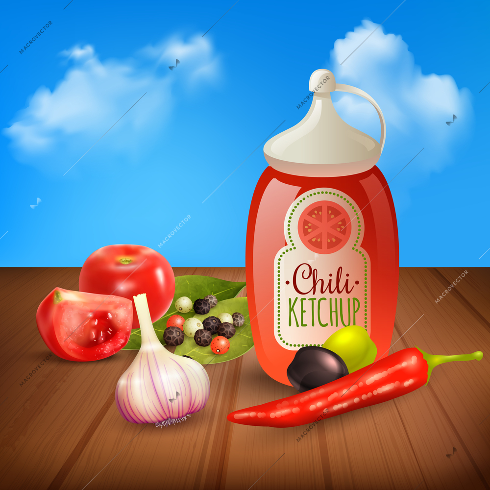 Various herbs and spices chili ketchup tomatoes and garlic on wooden table on background with blue sky realistic vector illustration