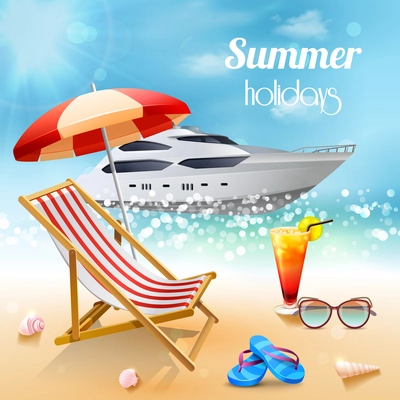 Realistic summer holidays composition sunbed and attributes for swimming against a beautiful expensive boat vector illustration