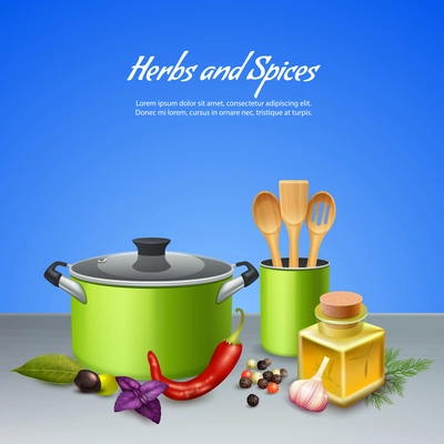 Realistic background with herbs spices and different utensils vector illustration