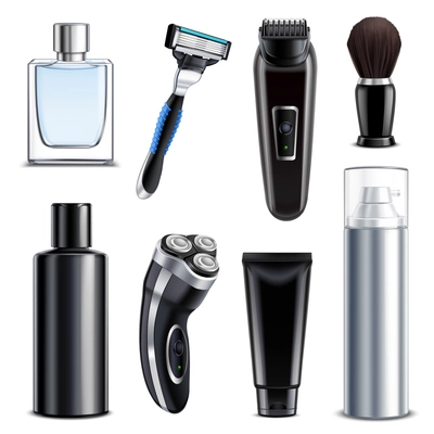 Shaving equipment realistic set of electric shaver manual razor flask with lotion and foam spray using after shave isolated vector illustration