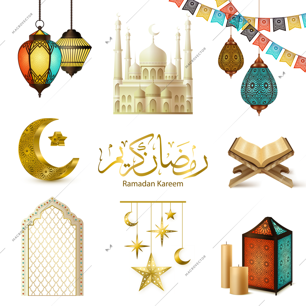 Ramadan kareem symbols ritual objects crescent holy quran book candles mosque realistic icons collection isolated vector illustration