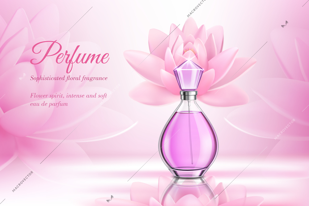 Perfume product rose composition for advertising of eau de parfum with floral fragrance realistic vector illustration