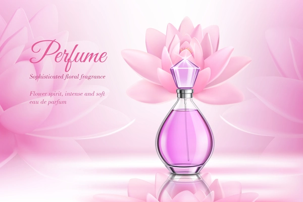 Perfume product rose composition for advertising of eau de parfum with floral fragrance realistic vector illustration