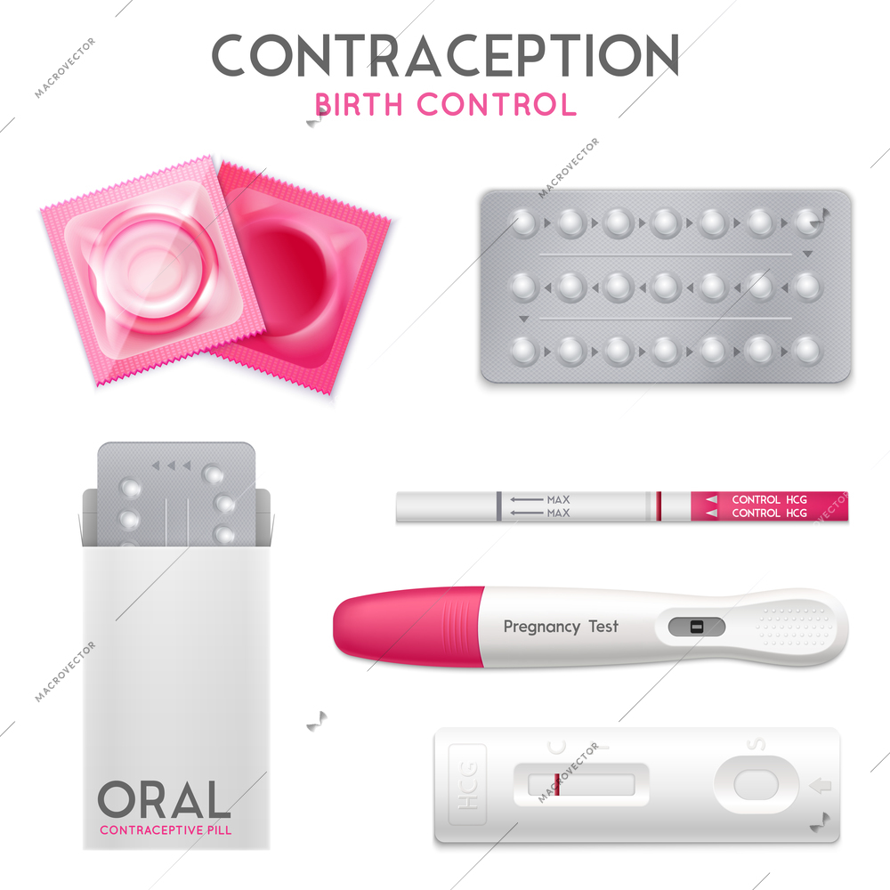 Contraception oral birth control pills condoms and early pregnancy tests kits realistic objects collection isolated vector illustration