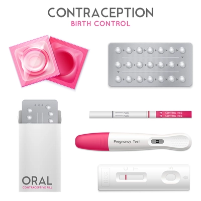 Contraception oral birth control pills condoms and early pregnancy tests kits realistic objects collection isolated vector illustration