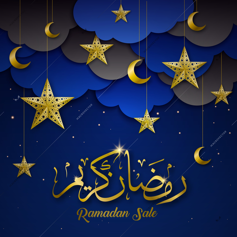 Ramadan kareem holy symbols decorations sale dark blue background poster with golden stars crescents greeting vector illustration