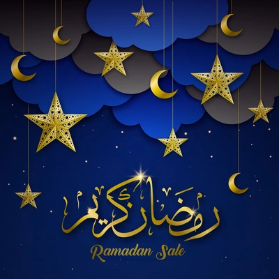 Ramadan kareem holy symbols decorations sale dark blue background poster with golden stars crescents greeting vector illustration