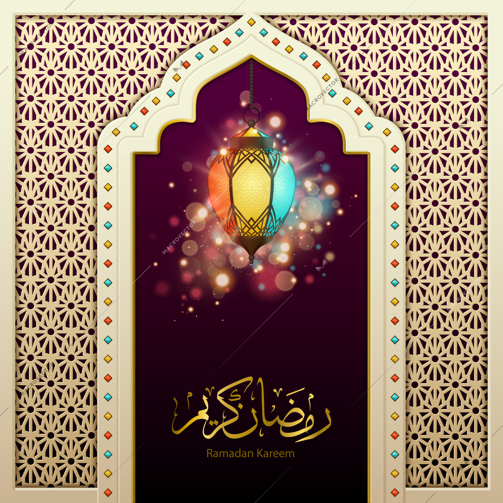 Holy month ramadan kareem gilded decoration poster with colorful lanterns lights greeting noctural mosque silhouette vector illustration