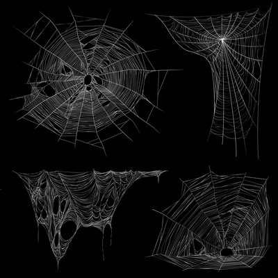 Spider web and tangling irregular cobwebs 4 realistic white images collection on black background isolated vector illustration
