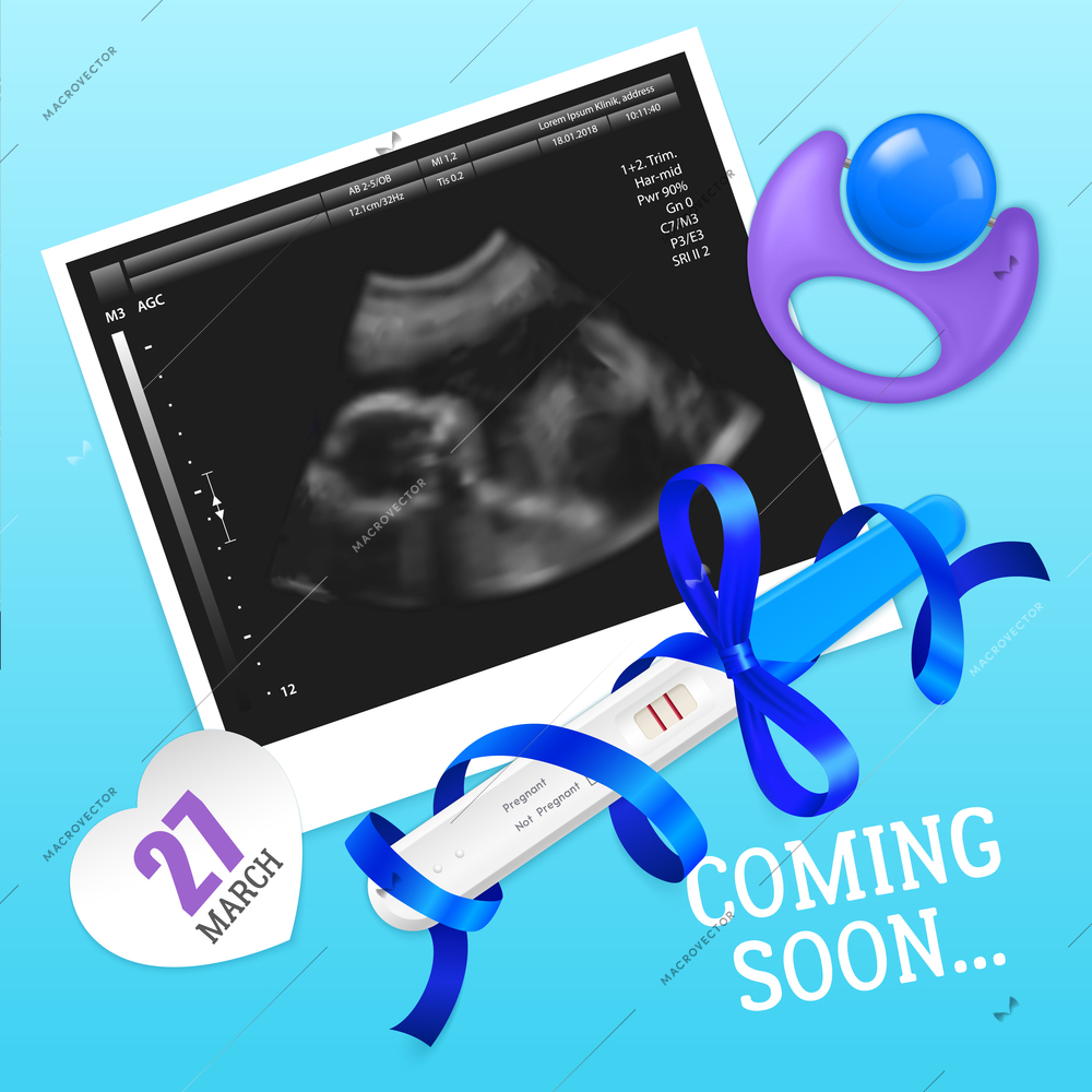 Pregnancy test 2 lines positive result with blue ribbon dummy ultrasound photo realistic background poster vector illustration